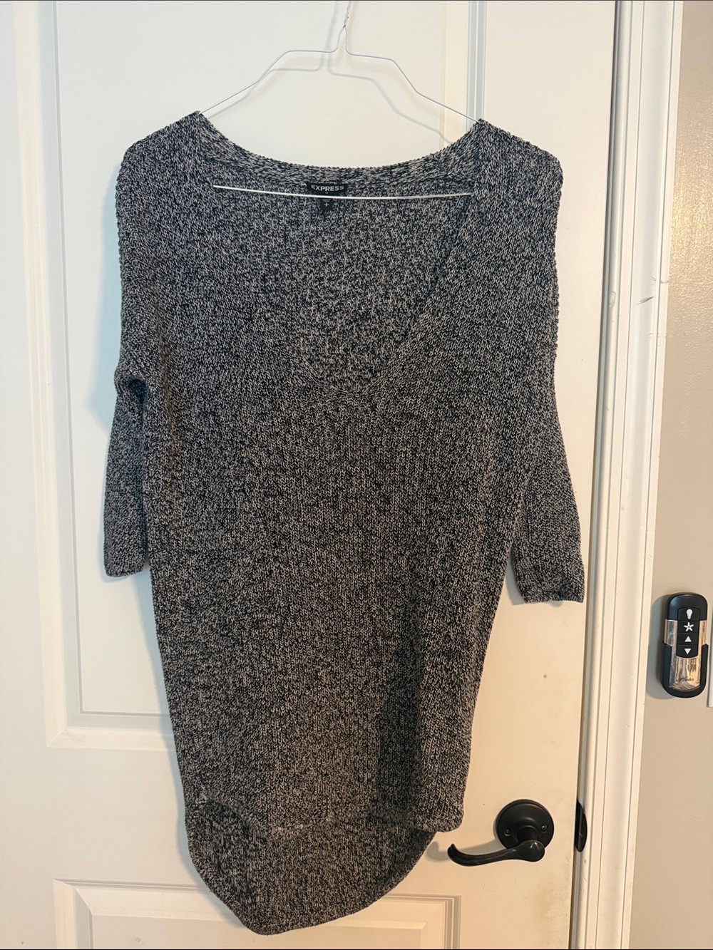 Express Black and White Marled V-Neck Sweater Tunic